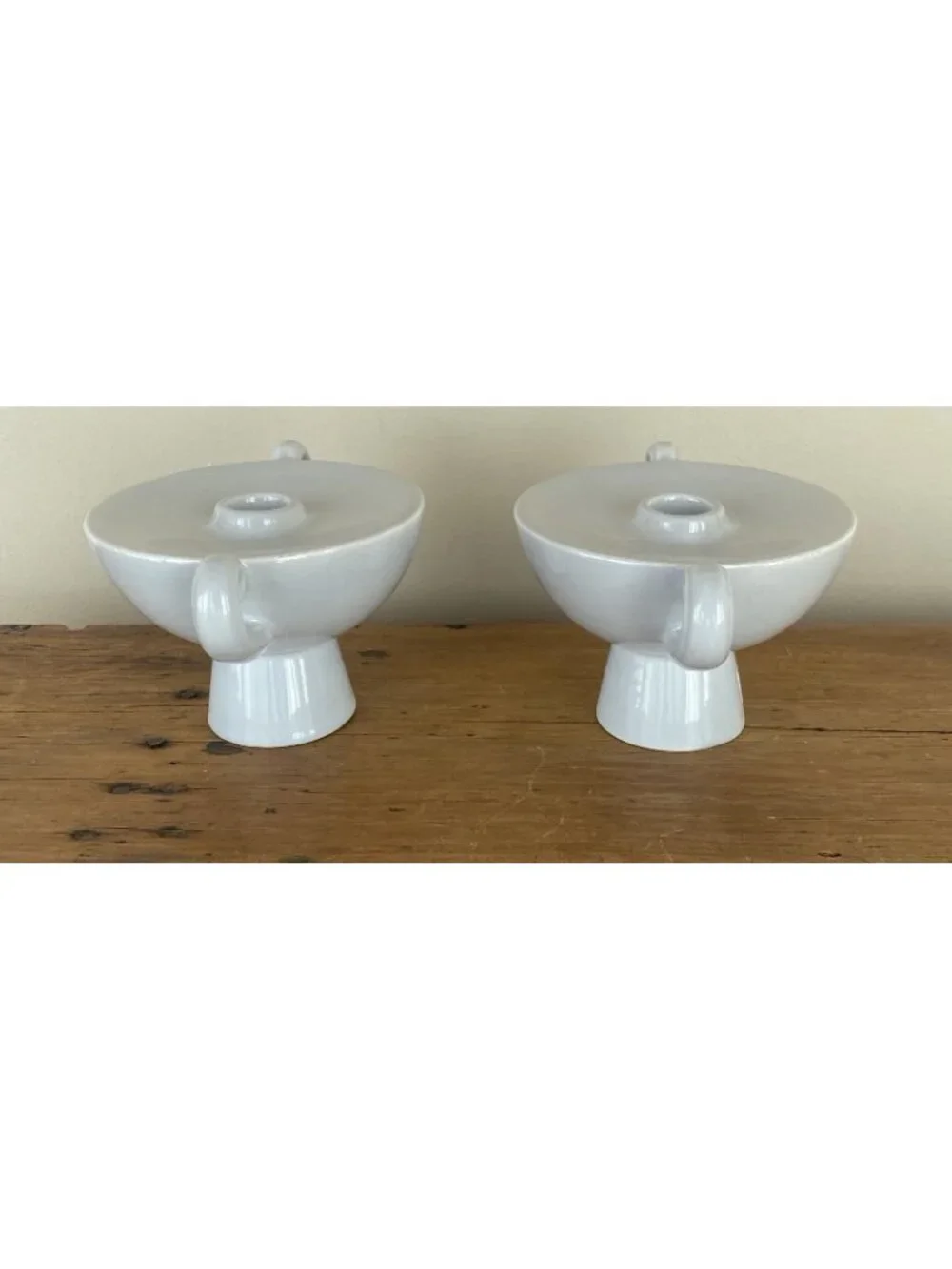 Matching MCM Haeger Pottery Candlesticks Grayish White 7.5” Width 4” Height